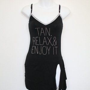Tan Relax & Enjoy Logo Tank TOP Assymetrical Beaded Side SLIT Mini Dress - Small
